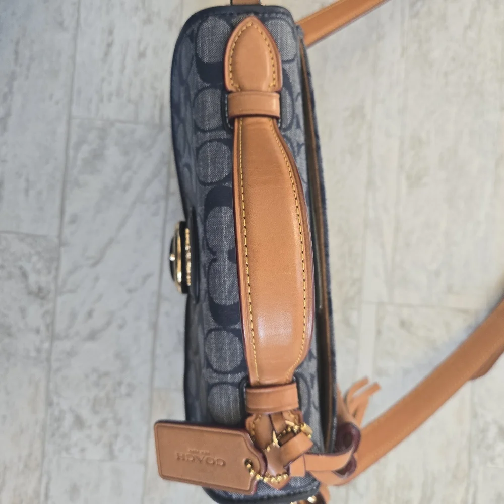 Coach Navy Signature Canvas Crossbody with Tan Leather Trim - Picture 7 of 14